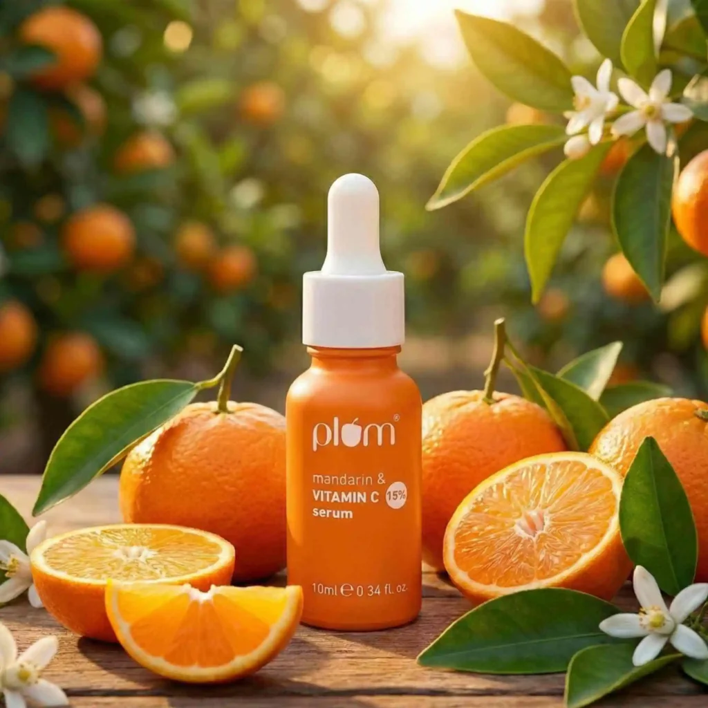 Plum Mandarin & Vitamin C Serum styled with fresh oranges in soft morning light, capturing an easy, everyday skincare ritual.