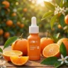 Plum Mandarin & Vitamin C Serum styled with fresh oranges in soft morning light, capturing an easy, everyday skincare ritual.