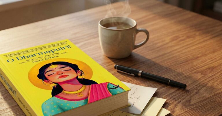 O Dharmaputri book placed beside a laptop on a soft beige blanket in a cozy reading setup highlighting Indian spiritual wisdom and Dharma themes