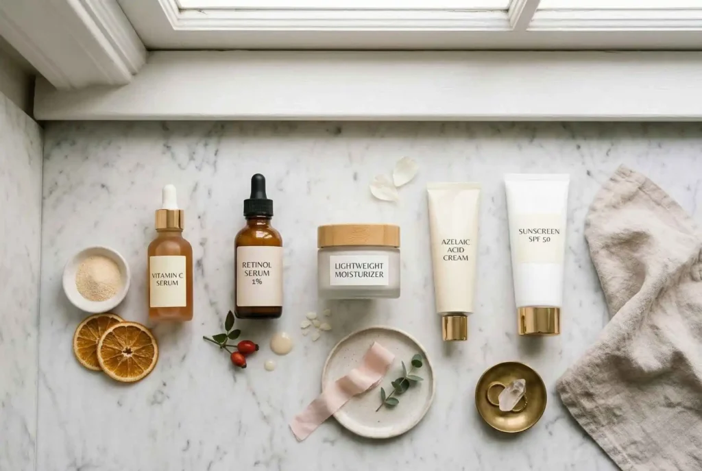simple skincare routine after 40 showing vitamin C serum retinol moisturizer and sunscreen