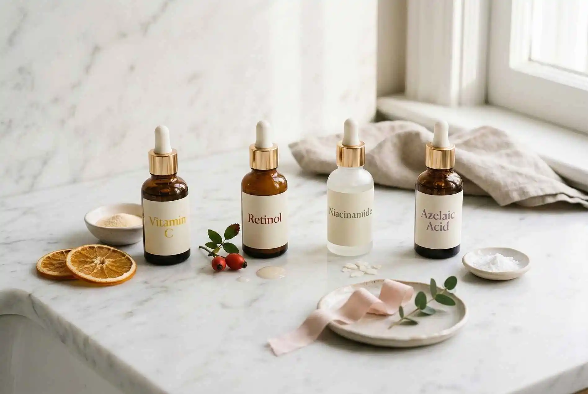 Skincare ingredients that boost collagen after 40 including retinol vitamin C niacinamide and azelaic acid