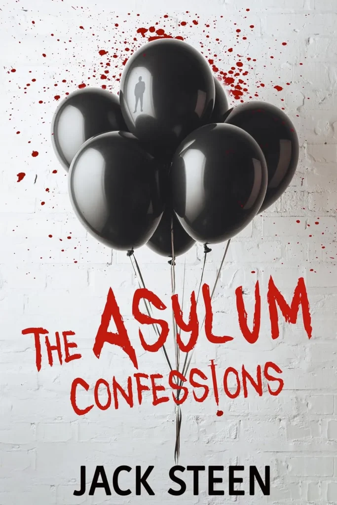 The Asylum Confessions by Jack Steen book cover featuring black balloons and red blood splatter against a white brick wall