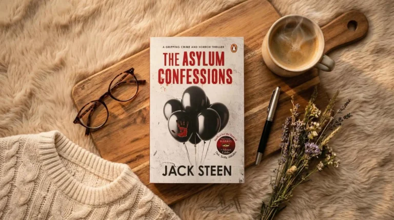 Flat lay of The Asylum Confessions by Jack Steen book cover on a wooden board with coffee cup, glasses, flowers, and cozy sweater aesthetic.