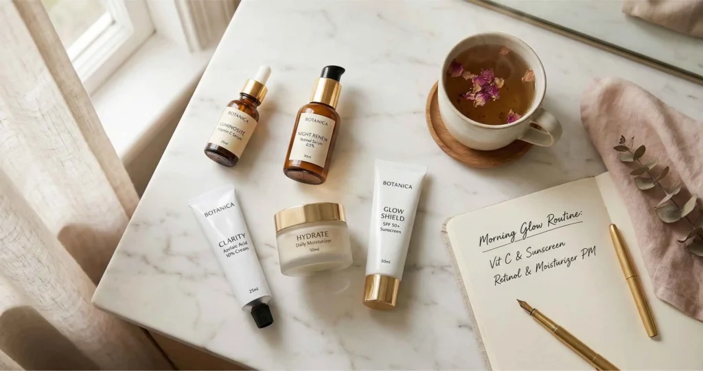 Collagen boosting skincare routine after 40 featuring vitamin C, retinol, azelaic acid and moisturizer