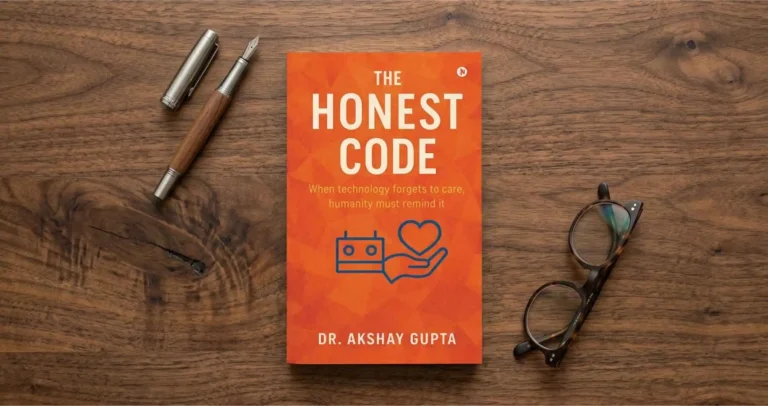 The Honest Code by Dr. Akshay Gupta placed on a wooden desk with a fountain pen and eyeglasses, featuring an orange book cover with a robot hand holding a heart illustration.
