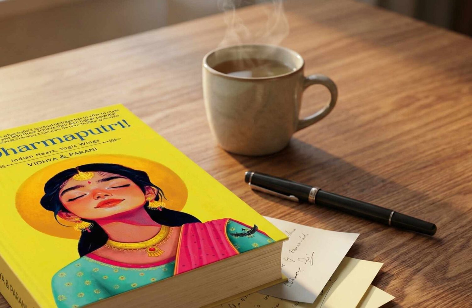 O Dharmaputri book placed beside a laptop on a soft beige blanket in a cozy reading setup highlighting Indian spiritual wisdom and Dharma themes