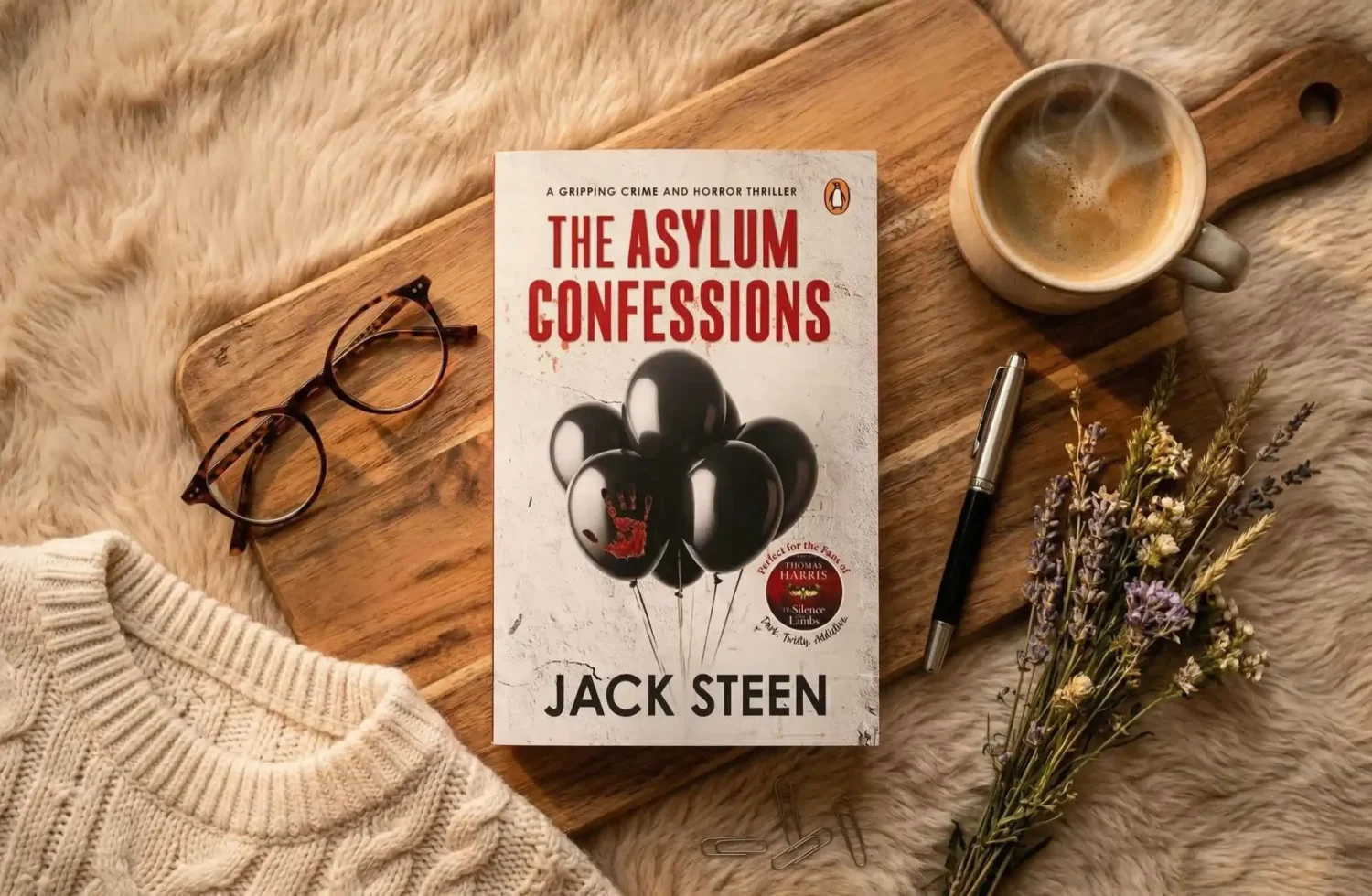 Flat lay of The Asylum Confessions by Jack Steen book cover on a wooden board with coffee cup, glasses, flowers, and cozy sweater aesthetic.