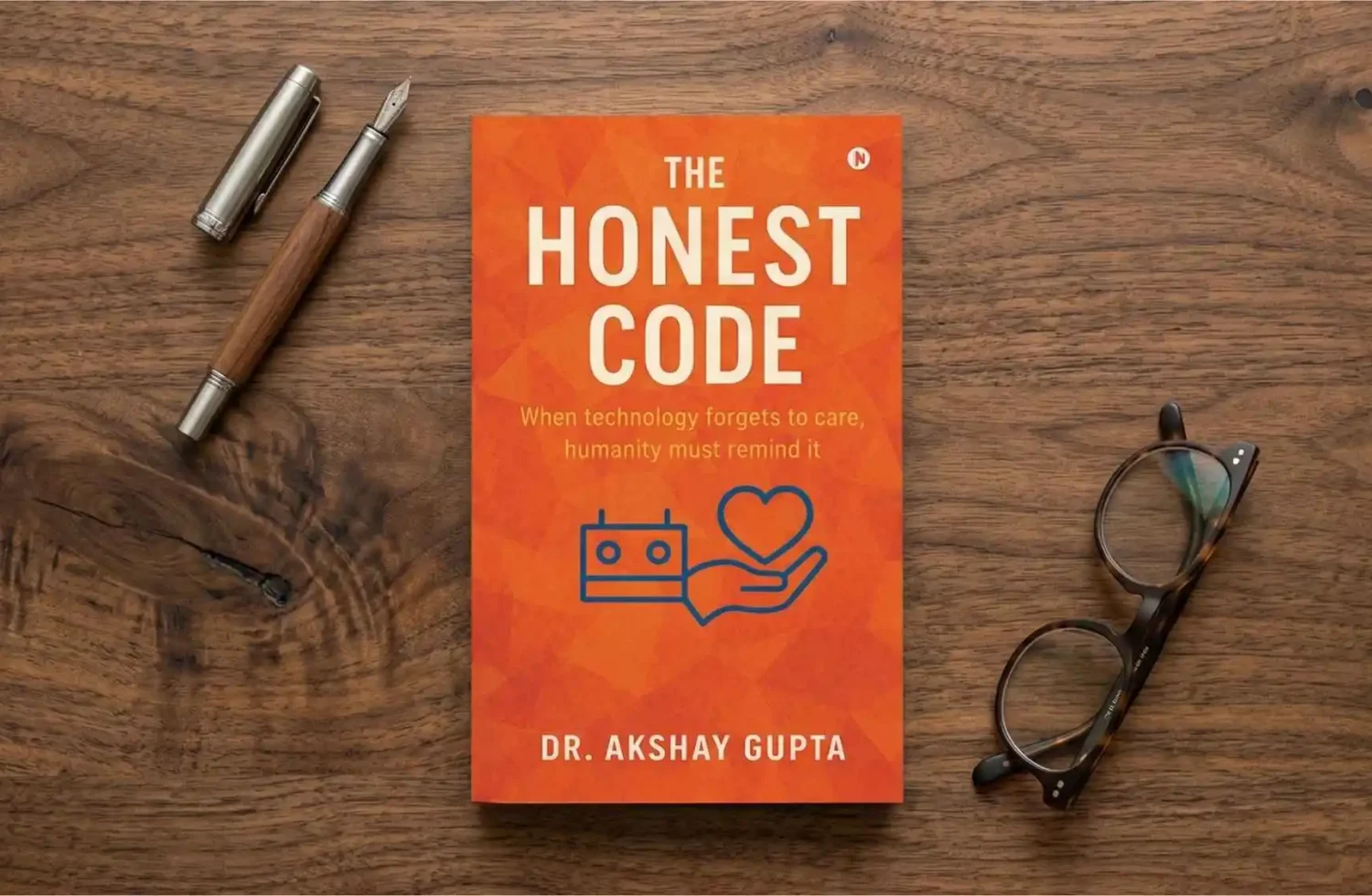 The Honest Code by Dr. Akshay Gupta placed on a wooden desk with a fountain pen and eyeglasses, featuring an orange book cover with a robot hand holding a heart illustration.